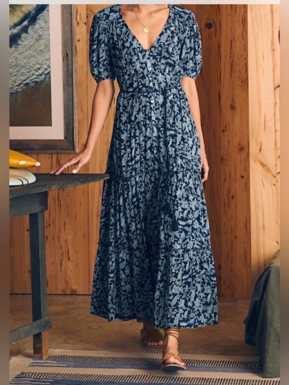 FAHERTY Orinda Floral Maxi Blue Esna Dress Size L Boho Cottagecore Fall Tassels